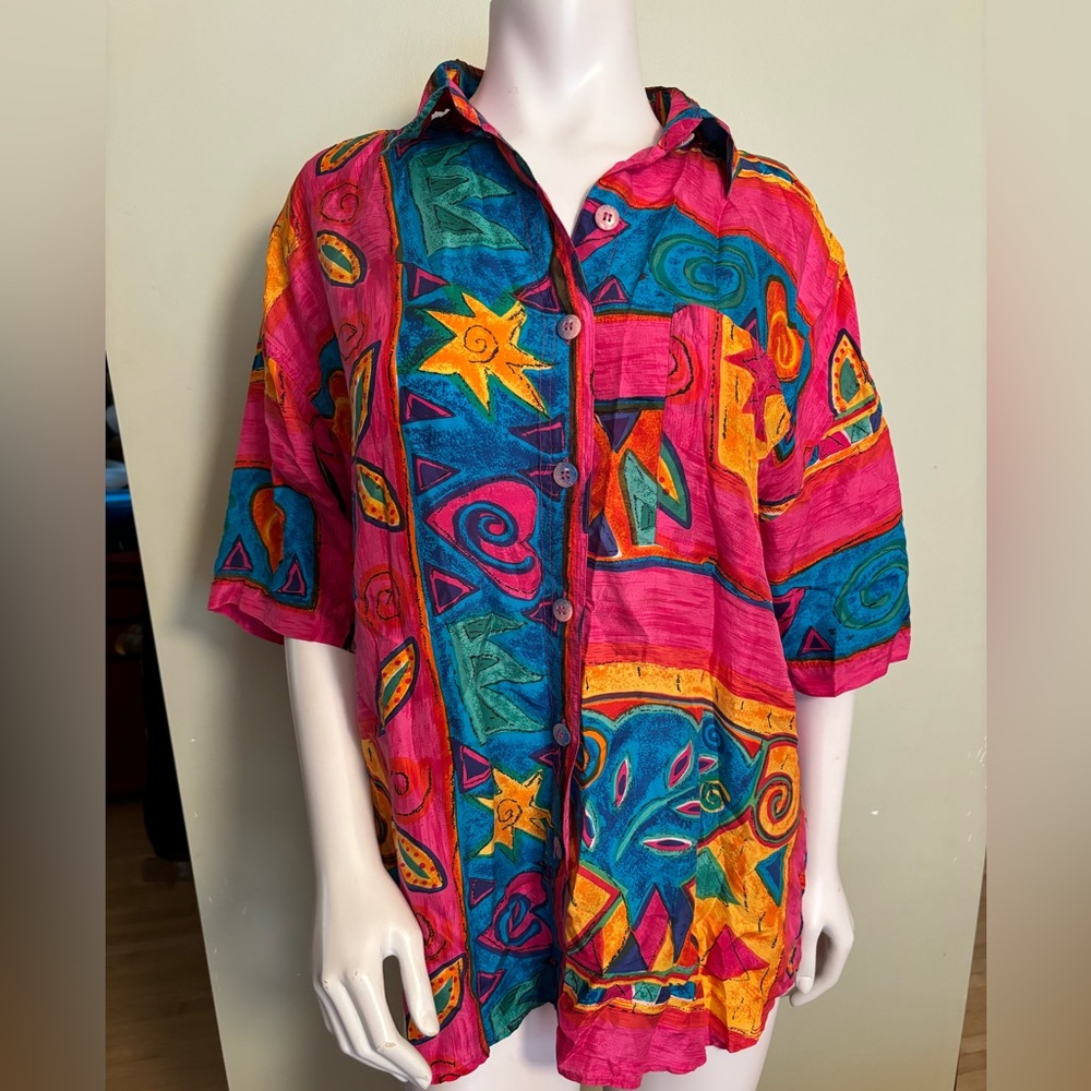 Vtg HG NY 90s SILK Blouse Colourful Print